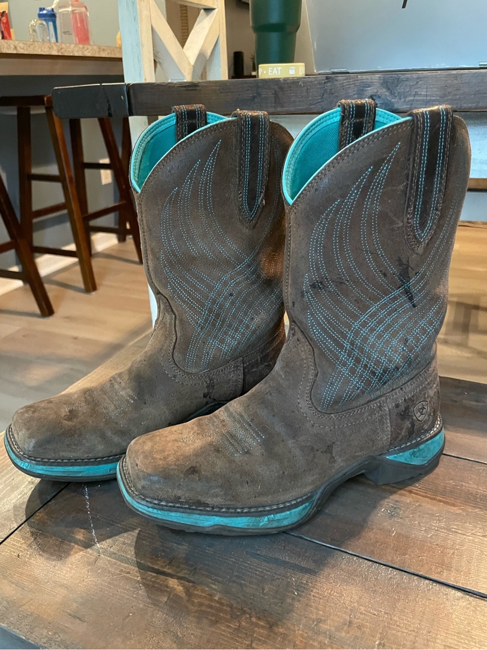 Ariat Womens Anthem 10027247 Java Brown Suede Turquoise Square Toe Boot SZ 7 B